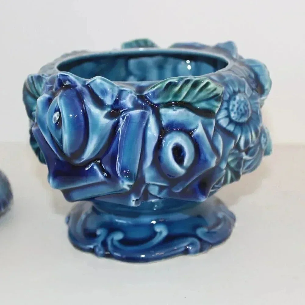 Vintage MCM Ceramic POTTERY Blue Flower Bouquet Storage Cookie Candy Jar W/ Lid